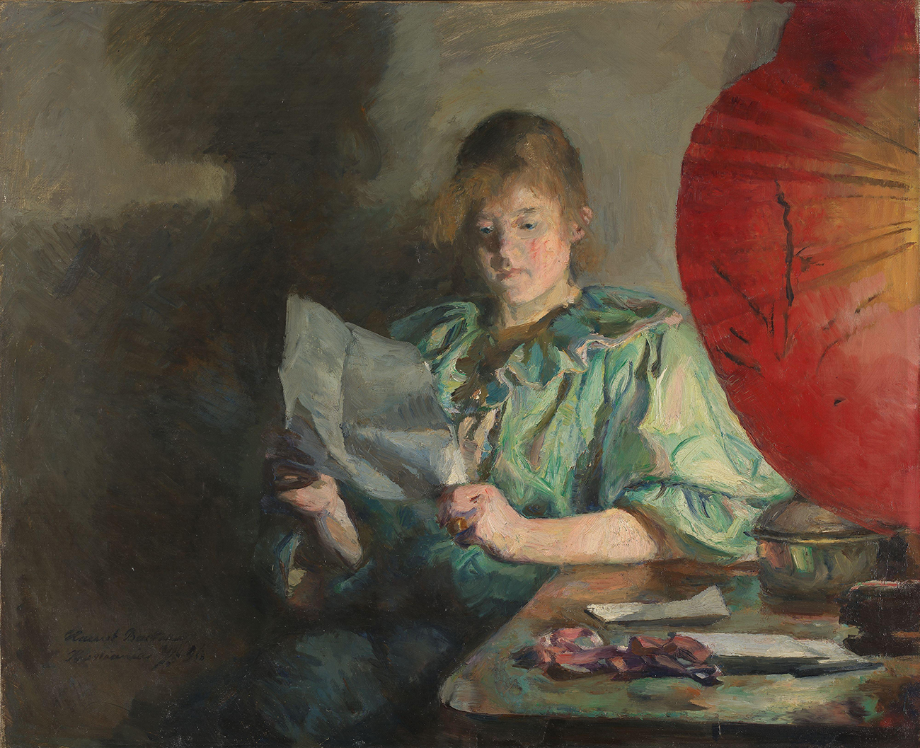 kvinne får et brev i et maleri